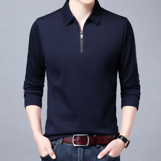 Buy navy-blue Men Long Sleeve Lapel Half Zip T Shirt