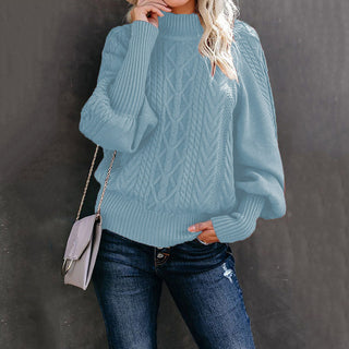 Buy blue Mid Neck Loose Knit Solid Color Sweater