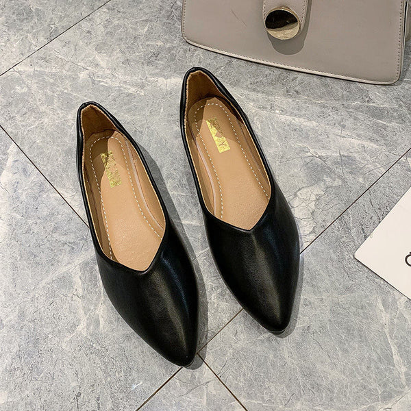 Summer Pointed Flat Heels Black Leather Shoes