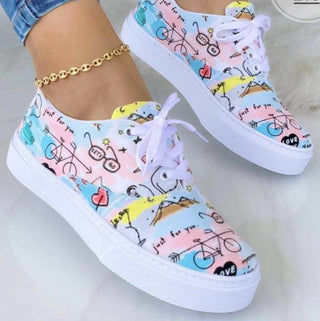 Buy flower-color Women Lace-up Print Canvas Fashion Sneakers