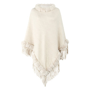 Buy beige Women Cashmere Knitted Cape Shawl With Fur Collar