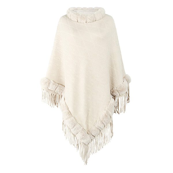 Women Cashmere Knitted Cape Shawl With Fur Collar