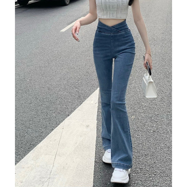 High Waist Crossed Hip Raise Slim Micro Flare Jeans