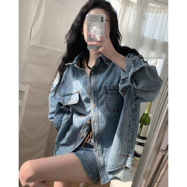 Women Single Breasted Loose Denim Jacket