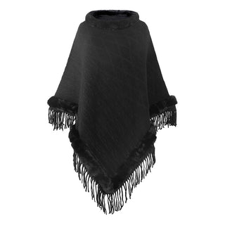 Buy black Women Cashmere Knitted Cape Shawl With Fur Collar