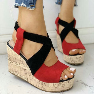 Buy red High Heel Wedge Contrast Color Leather Sandals