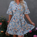 V-Neck Short-Sleeved Ruffled Floral Dress