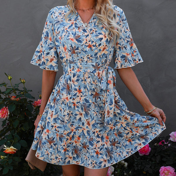 V-Neck Short-Sleeved Ruffled Floral Dress