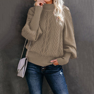 Buy khaki Mid Neck Loose Knit Solid Color Sweater