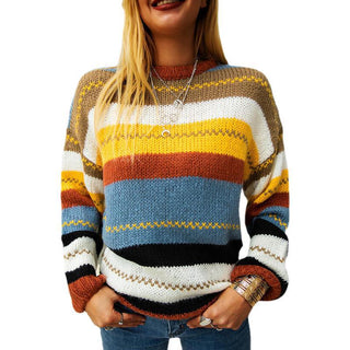 Buy colored-stripes Stripe Stitching Round Neck Long-Sleeved Sweater