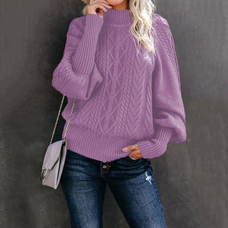 Buy purple Mid Neck Loose Knit Solid Color Sweater