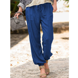 Buy blue Lace-Up Solid Color Casual Polyester Pants