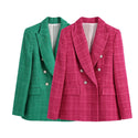 Women Textured Double-Breasted Plaid Blazer