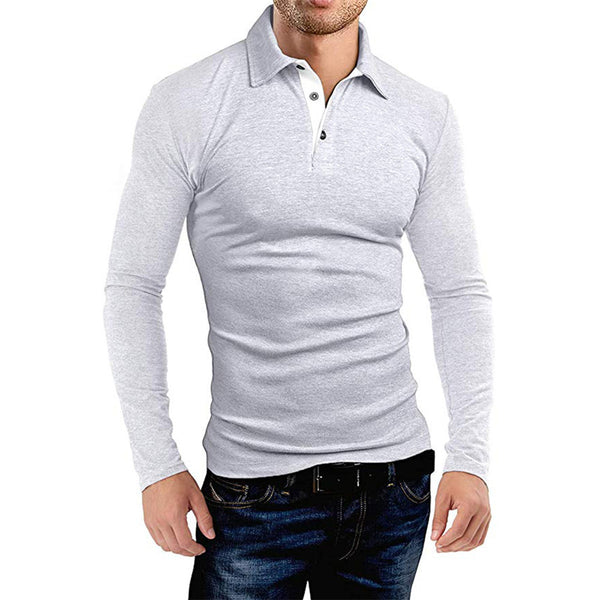 Men Long-sleeved Solid Color Lapel T-Shirt