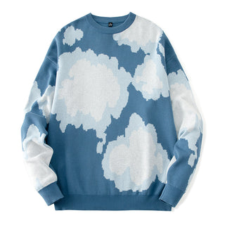 Buy blue Unisex Cloud Patterned Loose Pullover Sweater