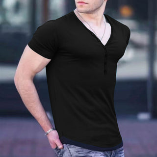 Buy black Men&#39;s V-Neck Round Hem Casual T-Shirt