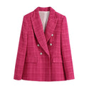 Women Textured Double-Breasted Plaid Blazer