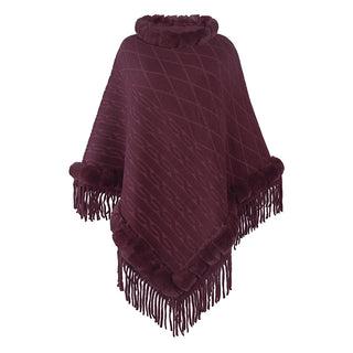 Buy wine-red Women Cashmere Knitted Cape Shawl With Fur Collar