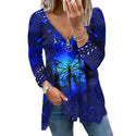 V-neck Zipper Pullover Pearl Print T-shirt