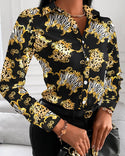 Loose Long Sleeve V Neck Button Print Shirt