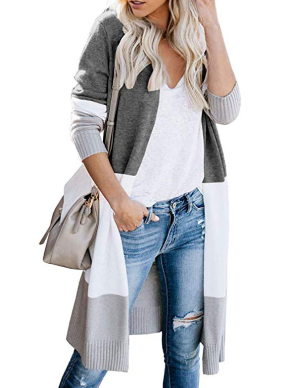 Casual Long Sleeve Tricolor Panel Cardigan