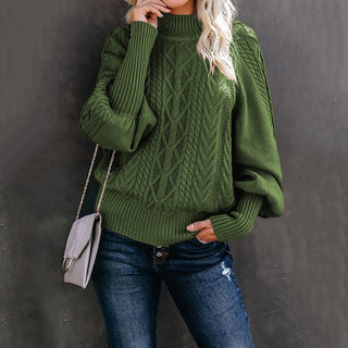 Buy green Mid Neck Loose Knit Solid Color Sweater