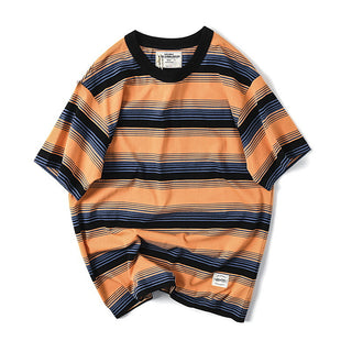 Buy orange-and-black Men Cotton Round Neck Striped T-Shirt