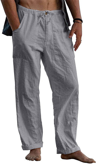 Buy grey Men&#39;s Linen Casual Drawstring Loose Pants