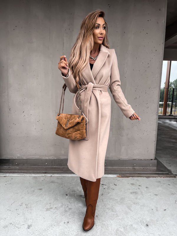 Women V Neck Belted Waist Woolen Coat