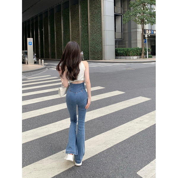 High Waist Crossed Hip Raise Slim Micro Flare Jeans