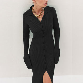 Buy black Long Button Flare Sleeve Strip Sweater Cardigan Dress