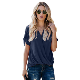 Buy navy-blue Solid Color Loose Pleated Pullover Top