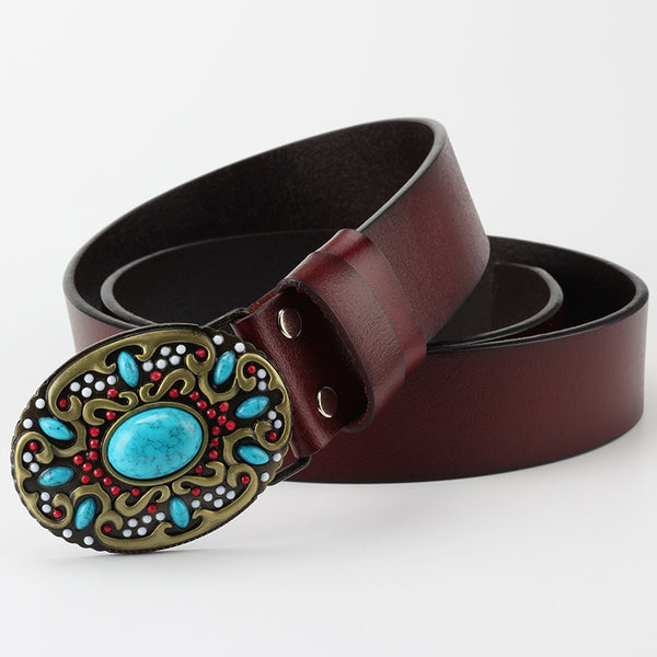 Women Bead Buckle Leather Belt