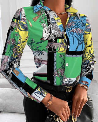 Buy style-1 Loose Long Sleeve V Neck Button Print Shirt