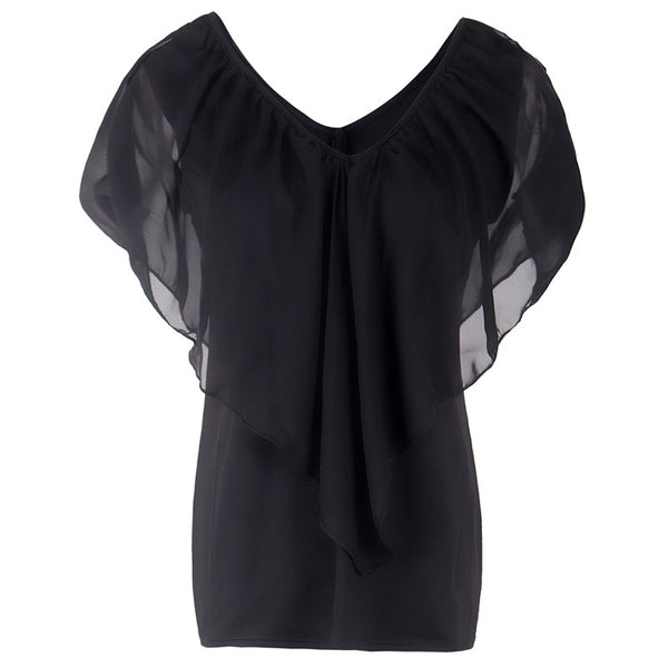 Chiffon Bat Sleeve Stitching T-Shirt Shawl Top