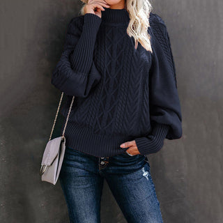 Buy navy-blue Mid Neck Loose Knit Solid Color Sweater