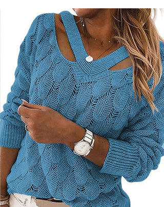 Buy blue Feather Patterned Netted V-neck Off-the-shoulder Sweater