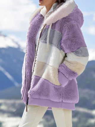 Buy purple Women Loose Plus Velvet Hooded Fur Jacket