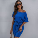 Women Round Neck Belted Skirt Dress