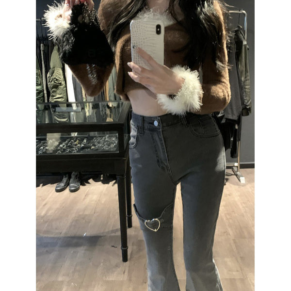 Women Heart Clip Slit Micro Flare Jeans