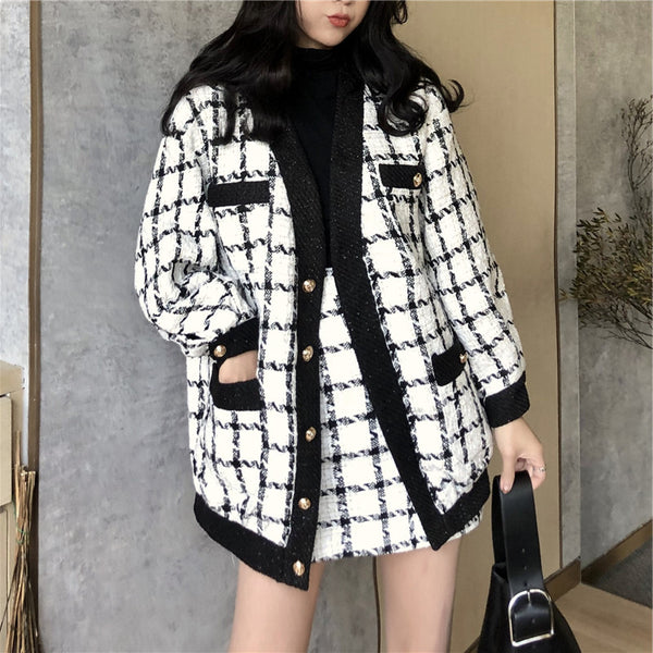 Women Two Piece Plaid Jacket & Skirt