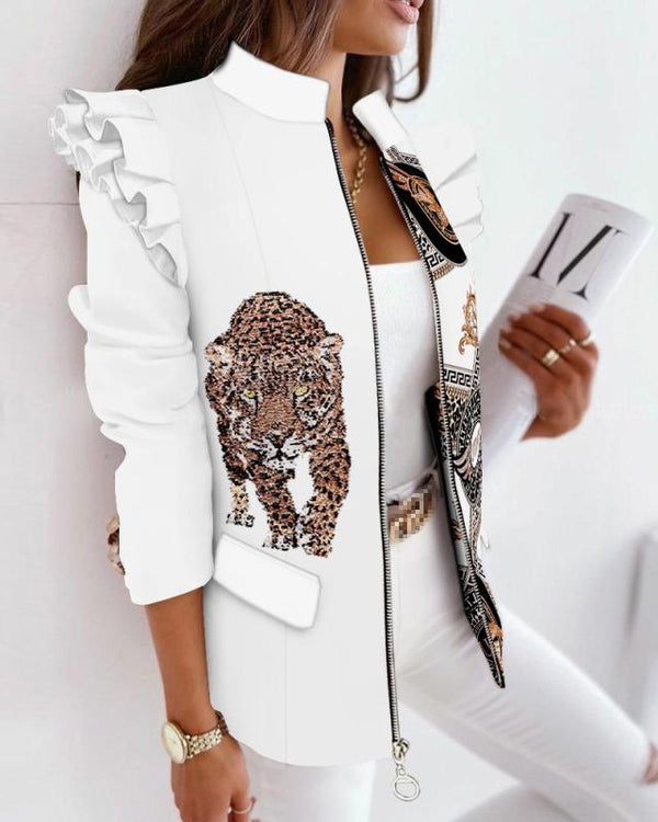 Women Printed Ruffle-Shoulder Jacket