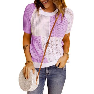 Buy light-purple Square Block Short-sleeved Knitted Sweater