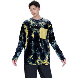 Buy color Men Long Sleeve Tie-dye Gold Velvet Shirt