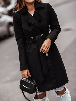 Buy black Women Leather Double-breasted Belted Blazer Coat