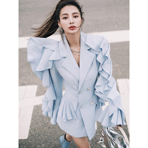 French Ruffle Blue Wave Sleeve Blazer